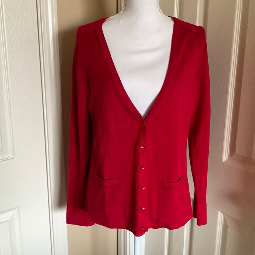 Red button closure cardigan